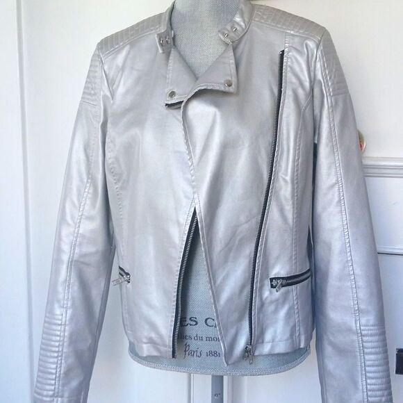 a.n.a. Silver Metallic Vegan Leather Motorcycle Jacket Asymmetrical Design - Picture 1 of 10